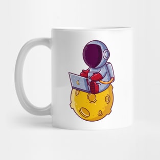 Cute Astronaut Working with Laptop on Moon Cartoon Mug